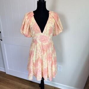 Lovecolette Milkmaid Yellow Pink Floral V-Neck Puff Sleeve Mini Dress Large
